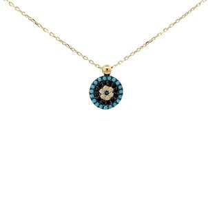 14KY CZ Evil Eye Disc Necklace 16"-18" ADJ