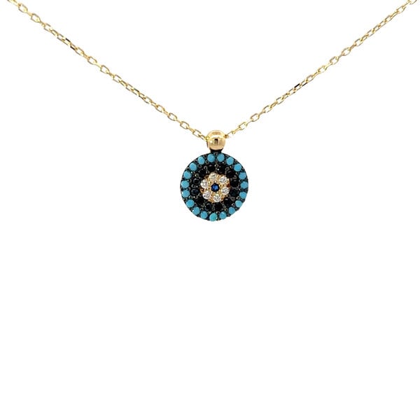 14K Yellow Gold Cubic Zirconia Evil Eye Disc Necklace 16"-18" ADJ