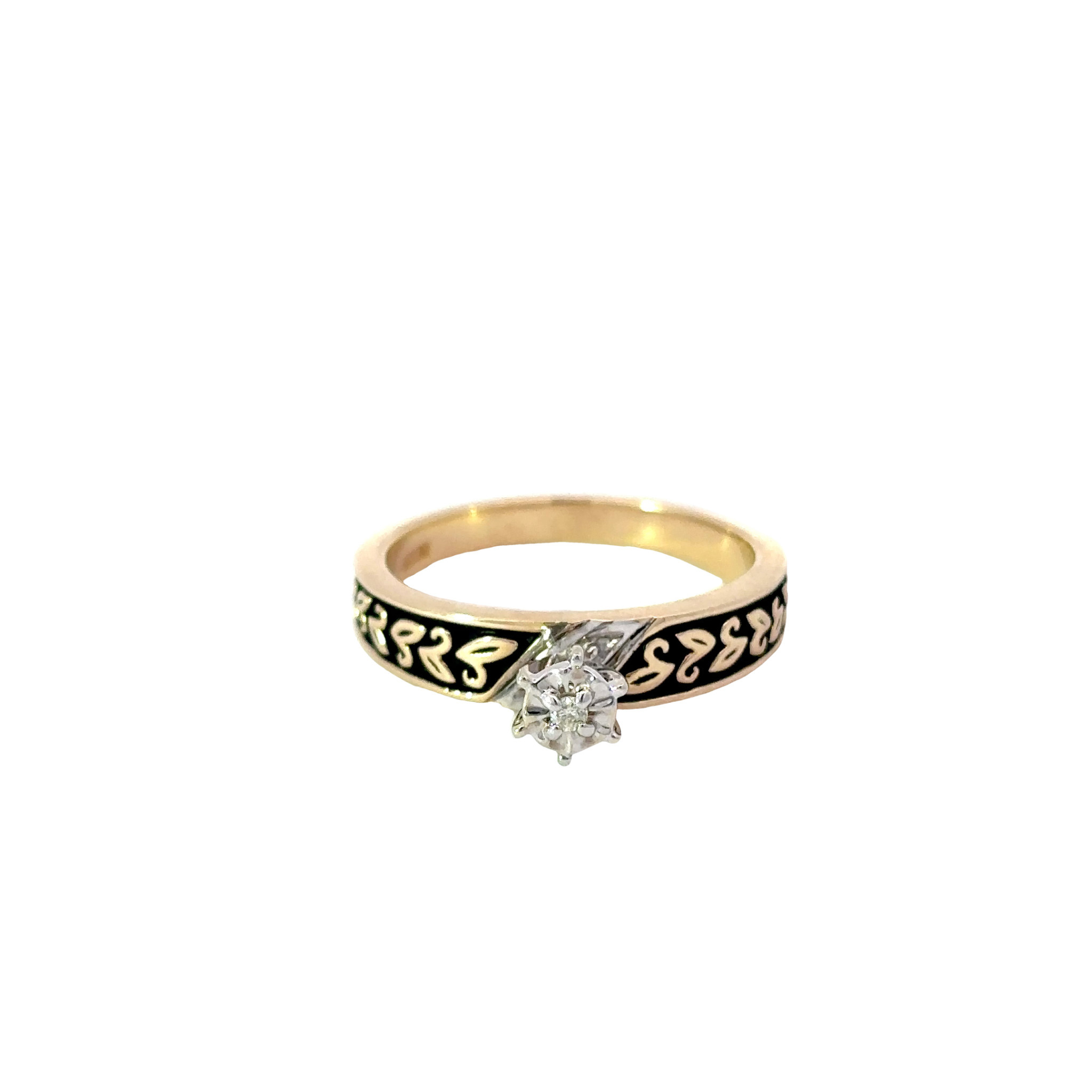 10KY 1980's .05ct Rd Dia Black Hills Gold R Sz 6.75 - Gold