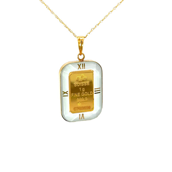 24K Yellow Gold/18K Yellow Gold Estate 1G Fine Gold Bar Glass Bezel Necklace 18"