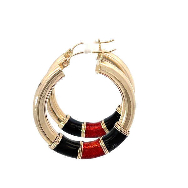 14K Yellow Gold 1980's 35x5mm Red & Black Enamel Hoops * See Notes