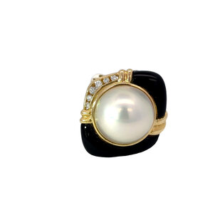 18KY 1970's 14.5mm Mabe Pearl Dia & Onyx Ring Sz 9