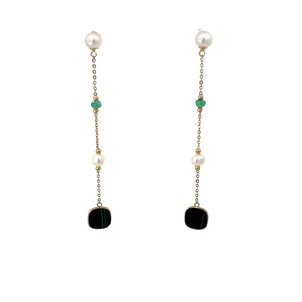 14KY 2.56ct Malachite 5-5.5mm Pearl & Emerald Dangle Post Earrings