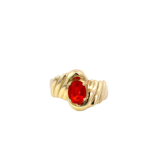 14K Yellow Gold 1970's .75ct Oval Fire Opal Textured Ring Size 7.75