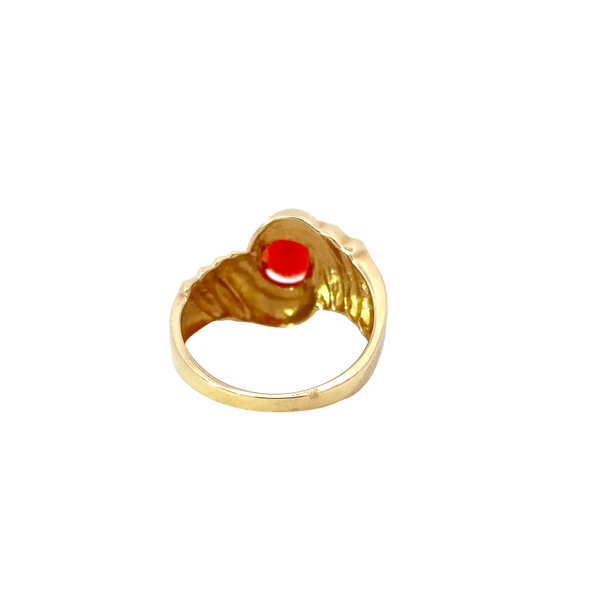 14K Yellow Gold 1970's .75ct Oval Fire Opal Textured Ring Size 7.75