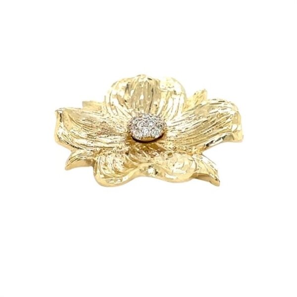 14K Yellow Gold GC Original Textured .18ct Lab Diamond Dogwood Pendant Large