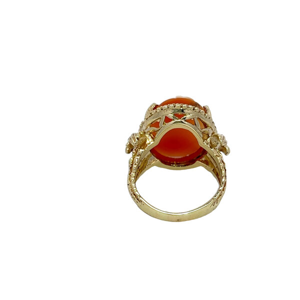 14K Yellow Gold 1960's Hand Carved Coral Cameo Filigree Ring Size 6.75