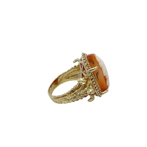 14K Yellow Gold 1960's Hand Carved Coral Cameo Filigree Ring Size 6.75