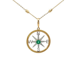 14KYW .16ct Em & .11ct Dia Rope Edge Compass Large (Yellow Out/White In)