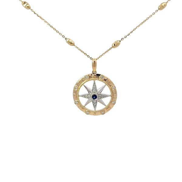 14K Yellow and White Gold .13ct Diamond  .06ct Sapphire Compass Pendant