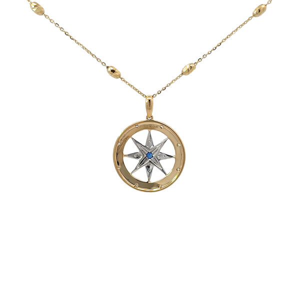 14K Yellow and White Gold .13ct Diamond  .06ct Sapphire Compass Pendant