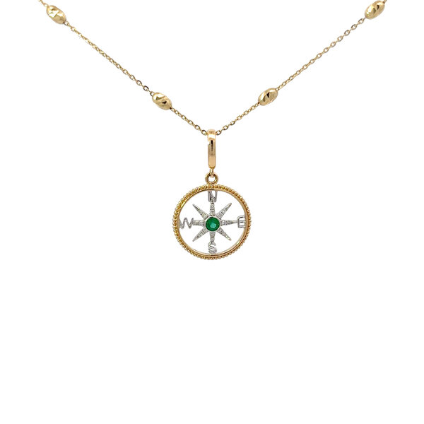 14K Yellow and White Gold .06ct Emerald & .05ct Diamond Rope Edge Compass Small (Yellow Out/White In)