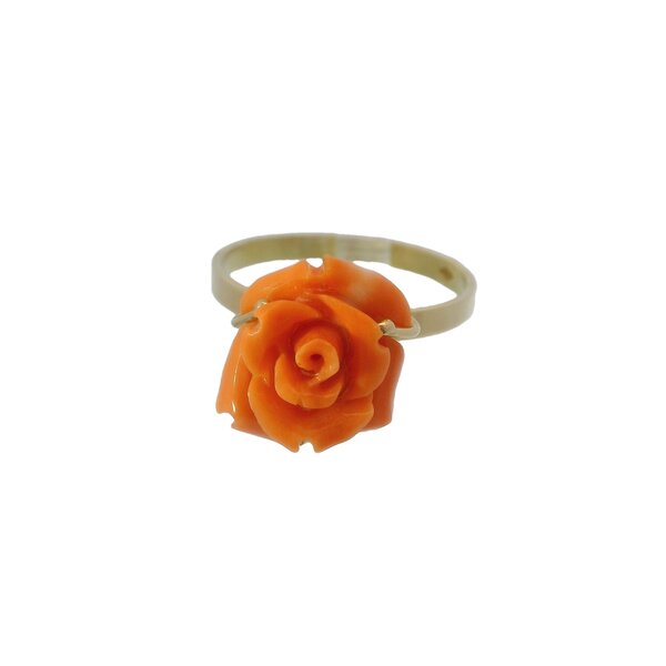 18K Yellow Gold  1970's Hand Carved Peachy-Pink  Coral Flower Ring Size 7