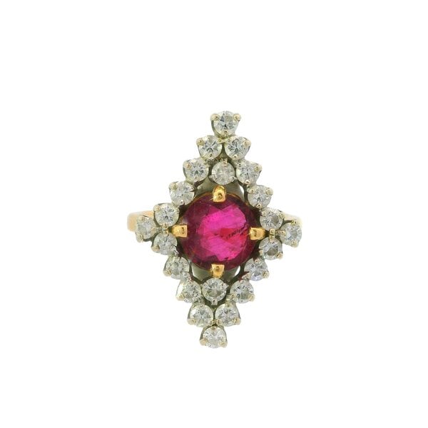 14K Yellow and White Gold 1950's 1.65ct Round Ruby & .85ct Diamond Cluster Ring Size 6.25