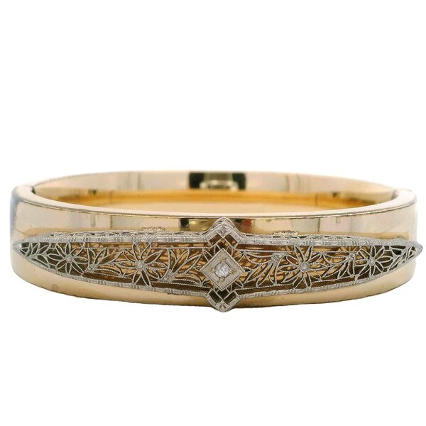 Gold Filled/14K White Gold 1940's Bangle with Filgree Detailing .02ct Old Euro Cut 7.25"