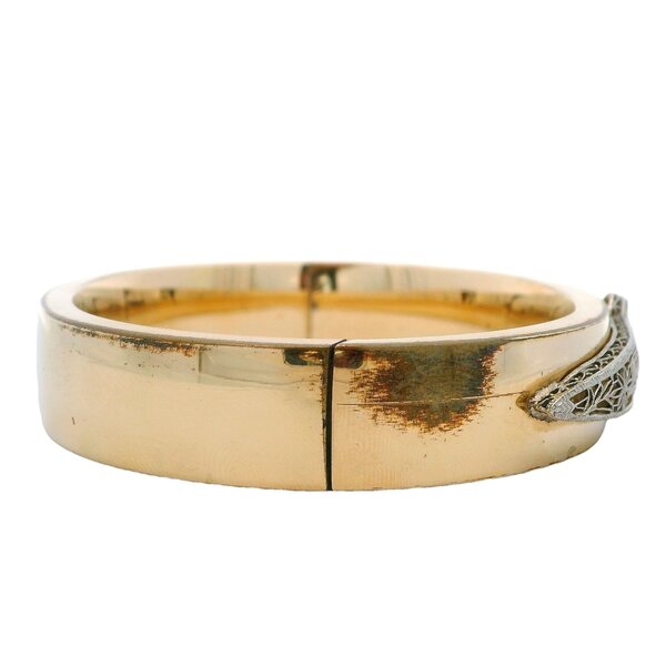 Gold Filled/14K White Gold 1940's Bangle with Filgree Detailing .02ct Old Euro Cut 7.25"