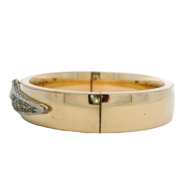 Gold Filled/14K White Gold 1940's Bangle with Filgree Detailing .02ct Old Euro Cut 7.25"