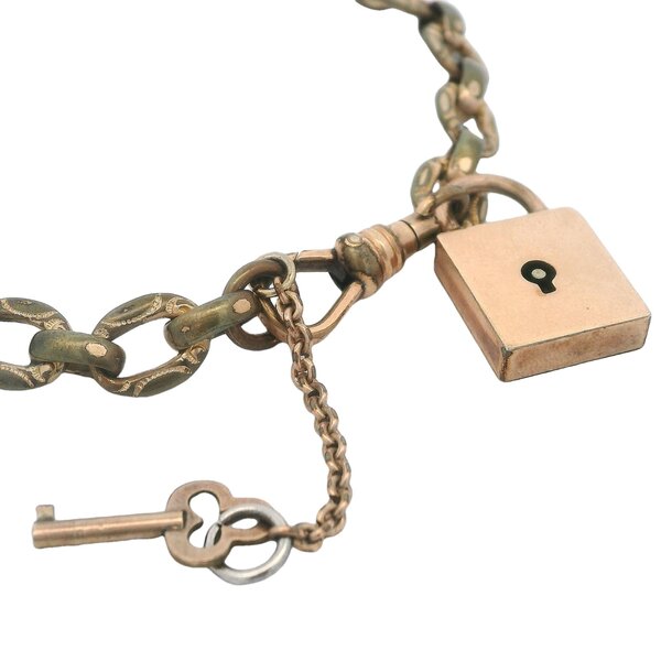 Gold Filled 1890's-1900's Victorian Link Bracelet with Lock and Key Charm 8"