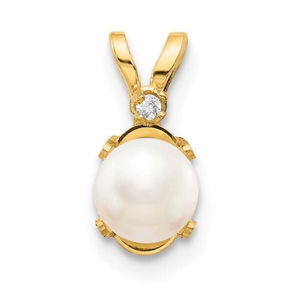 14K Yellow Gold 4.5mm White Fresh Water Pearl  & .08ct Diamond Pendant