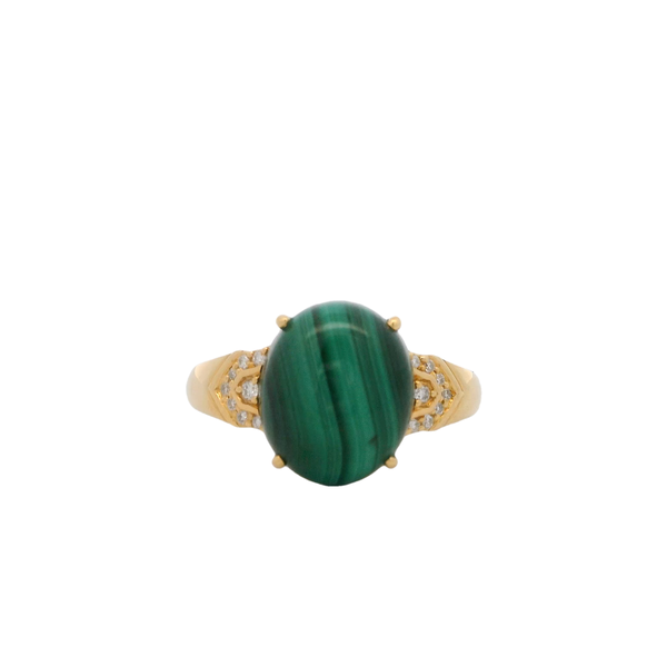 18K Yellow Gold 7.02ct Oval Cabochon Malachite & .08ct Diamond Ring Size 7