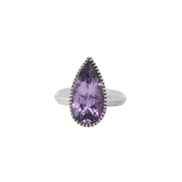 Sterling Silver Beaded Halo 4.84ct Pear Shaped Amethyst Ring Size 7.5