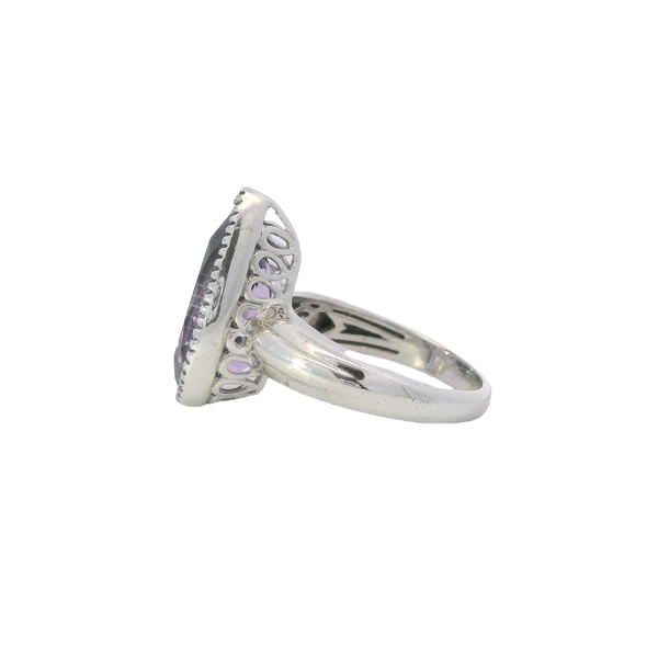 Sterling Silver Beaded Halo 4.84ct Pear Shaped Amethyst Ring Size 7.5