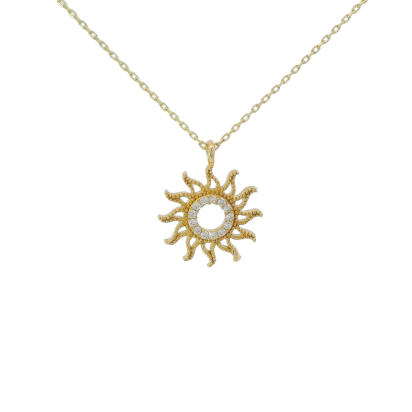 14K Yellow Gold Cubic Zirconia  Milgrain Sun Necklace 16"