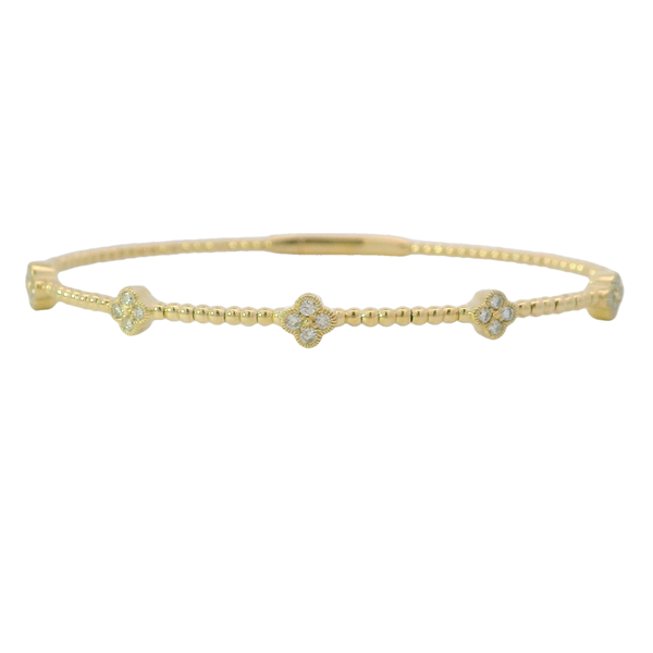 14K Yellow Gold .33ct Diamond Clover Shaped Beaded Flex Bangle 6.5"