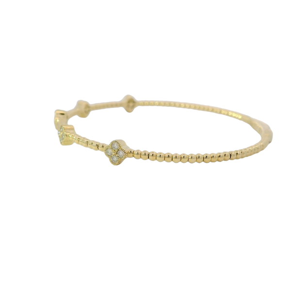 14K Yellow Gold .33ct Diamond Clover Shaped Beaded Flex Bangle 6.5"