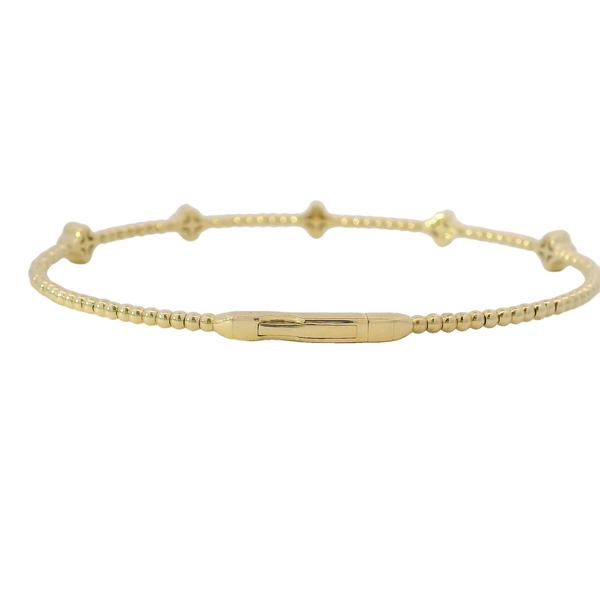 14K Yellow Gold .33ct Diamond Clover Shaped Beaded Flex Bangle 6.5"