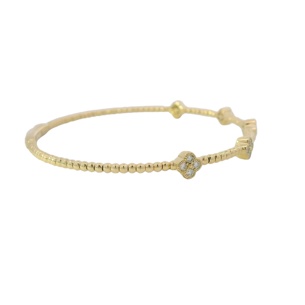 14K Yellow Gold .33ct Diamond Clover Shaped Beaded Flex Bangle 6.5"