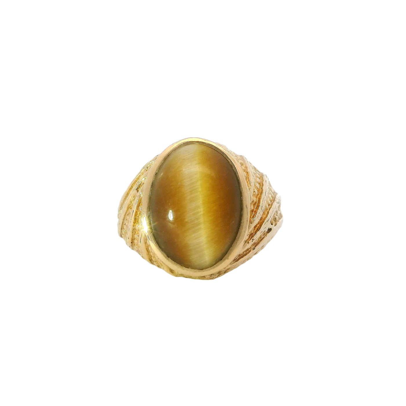 14KY 1970's 8.75ct Oval Cab Tiger's Eye Textured Ring Sz 9.25 14KY 1970's 8.75ct Oval Cab Tiger's Eye Textured Ring Sz 9.25