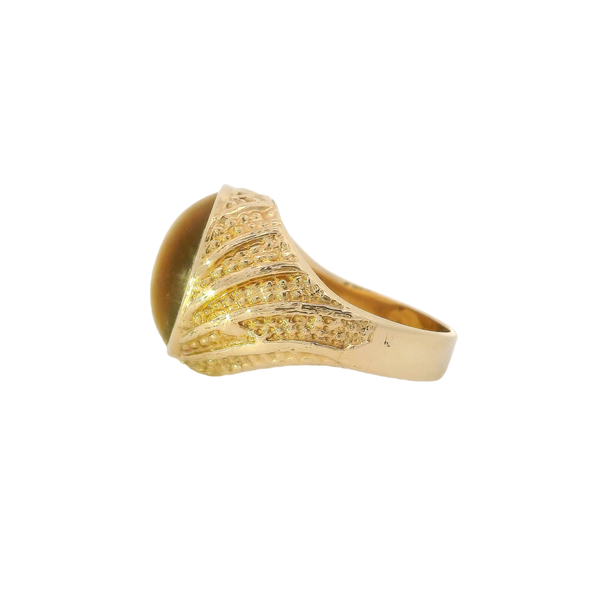 Sale 14K Yellow Gold 1970's 8.75ct Oval Cabochon Tiger's Eye Textured Ring Size 9.25