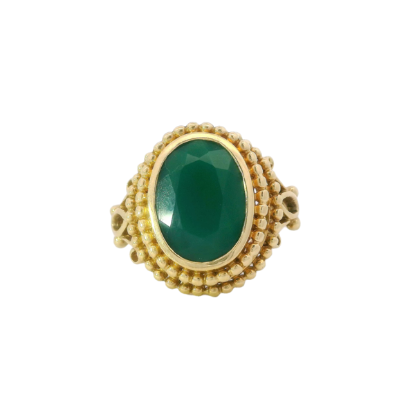 14K Yellow Gold 10.75 Oval Aquaprase Filgree Ring Size 7.5