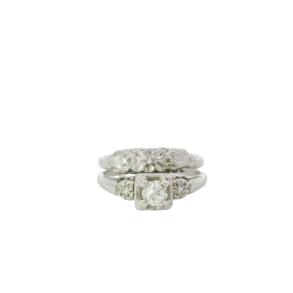14K White Gold 1950's .35ct Diamond Wedding Set Size 7