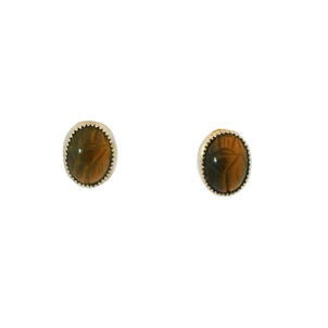 14KY 1960's Tiger's Eye Hang Carved Scarab Post Earrings