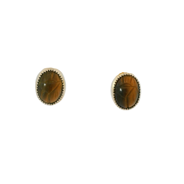 14K Yellow Gold 1960's Tiger's Eye Hang Carved Scarab Post Earrings