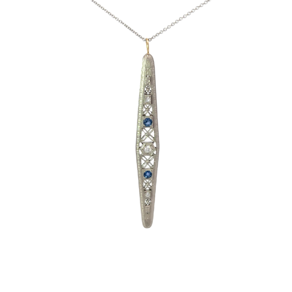 14K White Gold Art Deco 1930's .12ct Diamond & .15ct Sapphire Filigree Necklace 16"