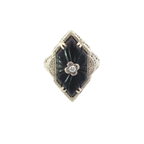 14K White Gold 1930's Carved Onyx .03ct Diamond Filigree Ring Size 7