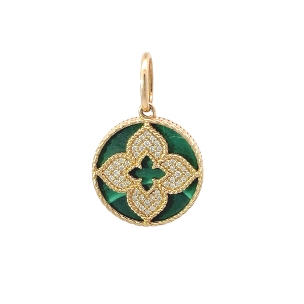 14K Yellow Gold .27ct Diamond Malachite Clover Disc Pendant 32x21mm