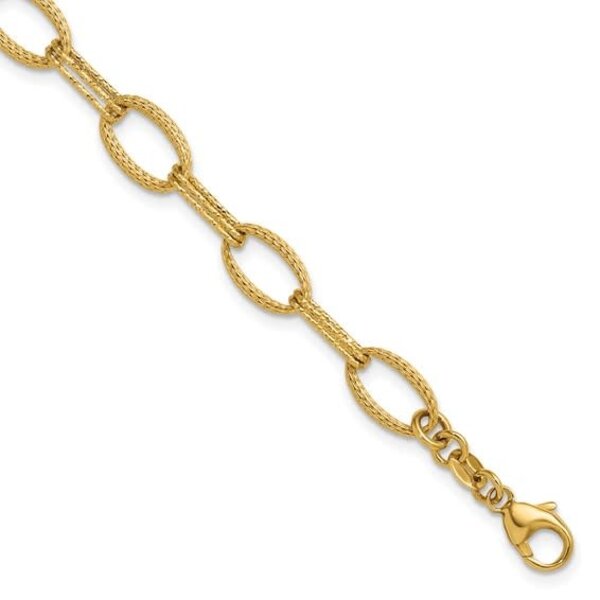14K Yellow 6.75mm Textured & Diamond Cut Oval Link Bracelet 7.5"