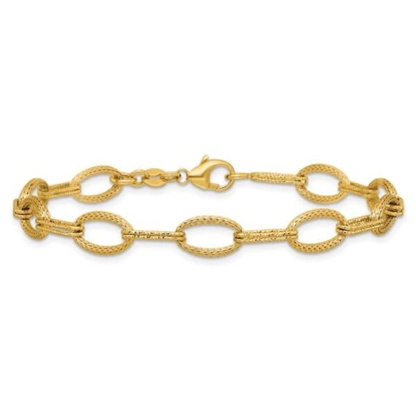 14K Yellow 6.75mm Textured & Diamond Cut Oval Link Bracelet 7.5"