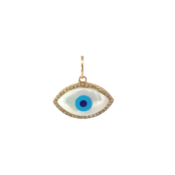 14K Yellow Gold Evil Eye Painted Mother of Pearl .22ct Diamond Pendant 20x20mm