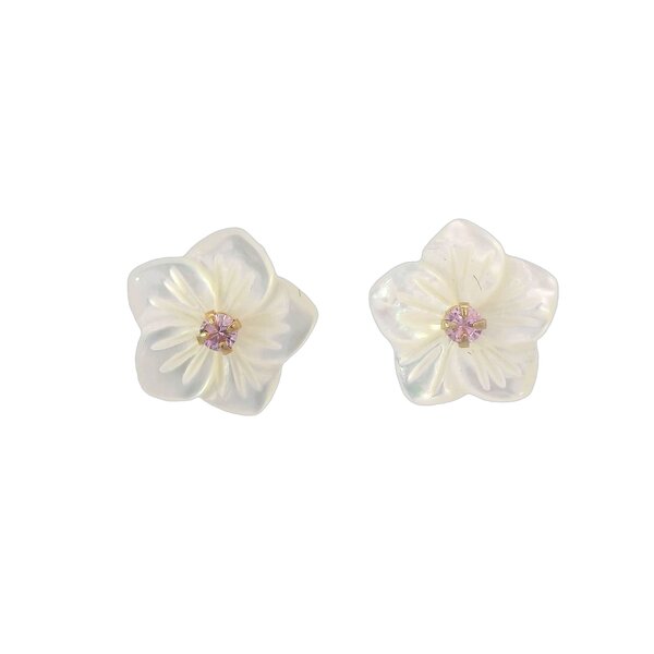 14K Yellow Gold 12mm Carved Flower Mother of Pearl Pink Cubic Zirconia Post Earrings