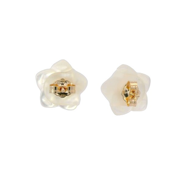 14K Yellow Gold 12mm Carved Flower Mother of Pearl Pink Cubic Zirconia Post Earrings