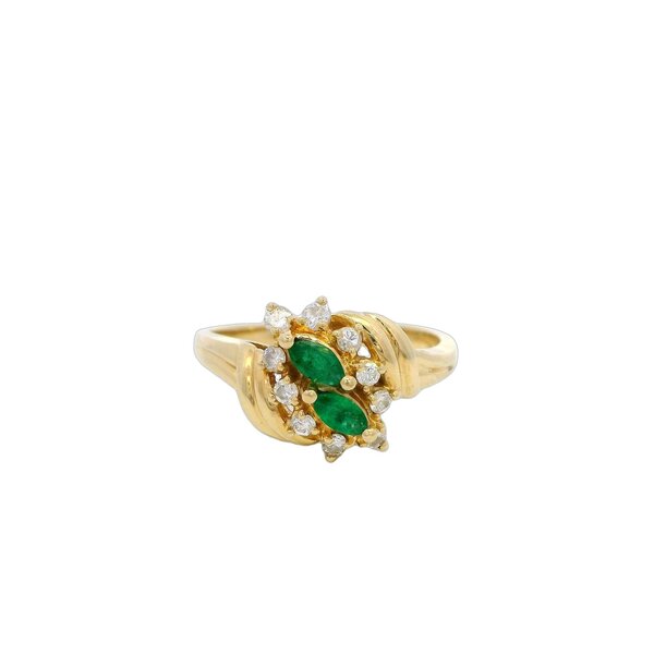 14K Yellow Gold 1980's .50ct Marquise Emerald & .20ct Diamond Ring Size 6.5