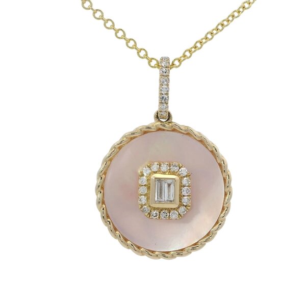 14K Yellow Gold .15ct Diamond and Pink Mother of Pearl Disc Necklace 16"-18"