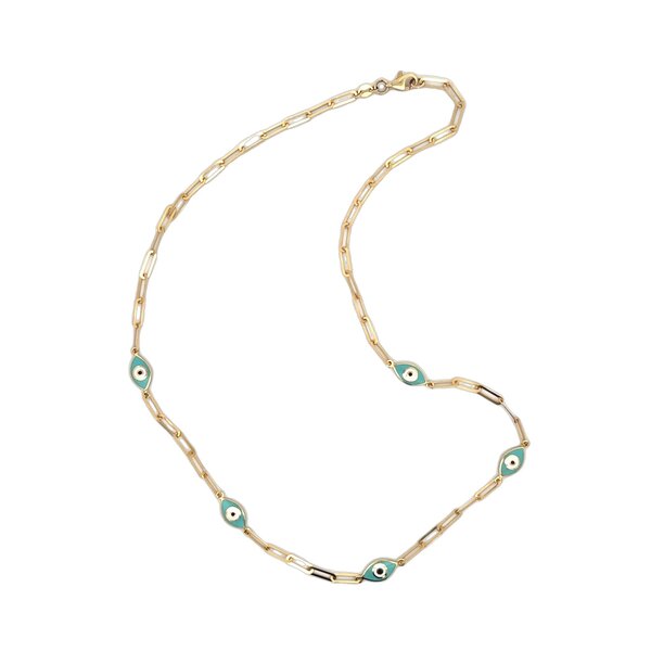 14K Yellow Gold 3mm Evil Eye Paperclip Necklace 16"