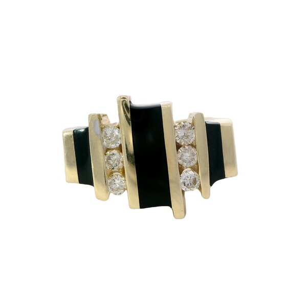 14K Yellow Gold 1970's .50ct Diamond & Black Onyx Deco Inspired Ring Size 5.25