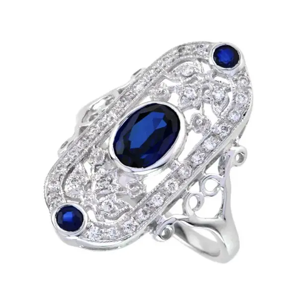 14K White Gold 1.18ct Sapphire & .23ct Diamond Art Deco Inspired Filigree Ring Size 6.5